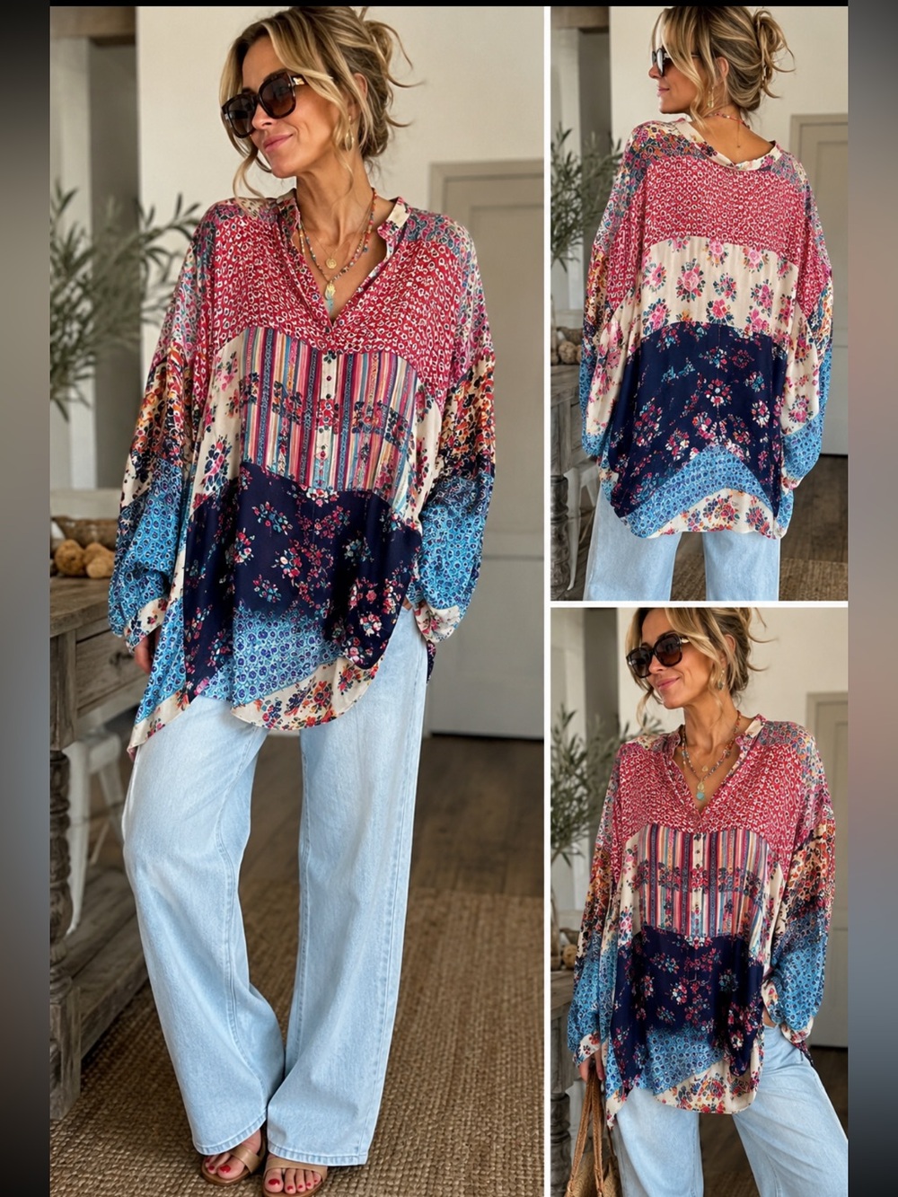Johnny Was C16718-D Cupra Rayon Boho Patchwork Floral Button Front Blouse S